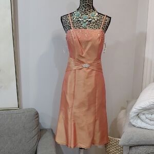 Peach Satin Midi Dress with Beaded Bodice